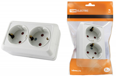 Розетка двойная 2П+З открытой установки с з/ш IP20 16А, белый "Ладога" TDM Electric, SQ1801-0062