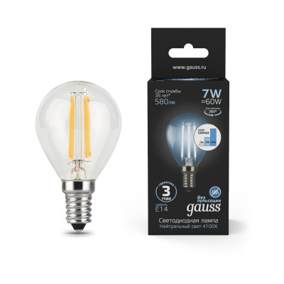 Лампа Gauss Filament Шар 7W 580lm 4100К Е14 шаг. диммирование LED 1/10/50, 105801207-S