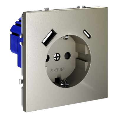 Розетка встраиваемая VOLTUM S70 с заземлением и защитными шторками, 16А, с USB, A+С, (шелк), VLS040504
