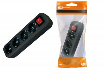 Колодка розеточная 4 гнезда 2П+3 c выключателем 16А 250В черная TDM Electric, SQ1806-0118