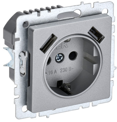 BRITE Роз. с з/к/ш 16А с USB A+A 3,1А РЮш10-2-БрА алюм. IEK, BR-R14-16-U21-D31-K47