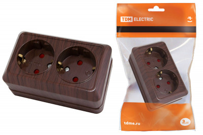 Розетка двойная 2П+З открытой установки с з/ш IP20 16А, бук "Ладога" TDM Electric, SQ1801-0040