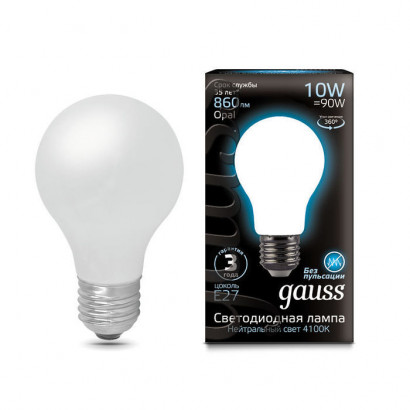 Лампа Gauss Filament А60 10W 860lm 4100К Е27 milky LED 1/10/40, 102202210