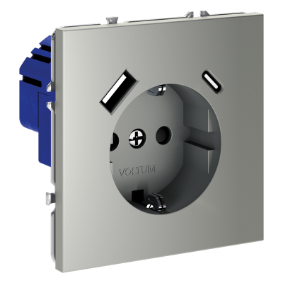 Розетка встраиваемая VOLTUM S70 с заземлением и защитными шторками, 16А, с USB, A+С, (сталь), VLS040505