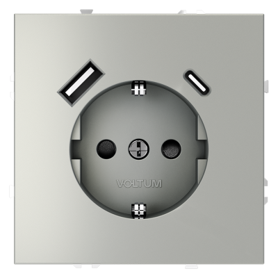 Розетка встраиваемая VOLTUM S70 с заземлением и защитными шторками, 16А, с USB, A+С, (сталь), VLS040505