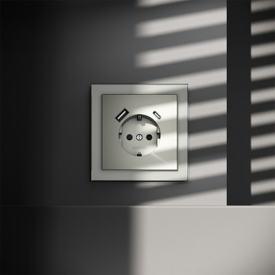 Розетка встраиваемая VOLTUM S70 с заземлением и защитными шторками, 16А, с USB, A+С, (сталь), VLS040505