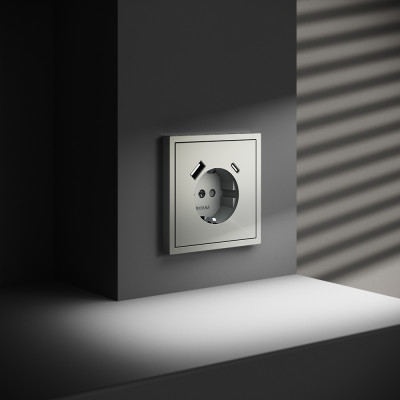 Розетка встраиваемая VOLTUM S70 с заземлением и защитными шторками, 16А, с USB, A+С, (сталь), VLS040505