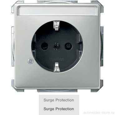 SD Розетка с защитой от перенапряж.,со шторк. и полем для надписи 2К+З 16А 250В~, винт. зажимы, стал