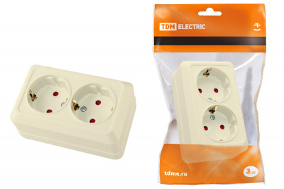 Розетка двойная 2П+З открытой установки с з/ш IP20 16А, слоновая кость "Ладога" TDM Electric, SQ1801-0066