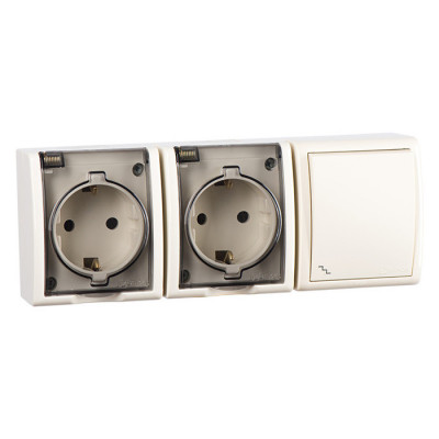 Simon 1594526-031 Simon15 IP54  Блок: розетка 2-ная 2х(2К+З) 16А 250В~ + выключатель проходной 10А 250В~, сл. кость