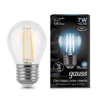 Лампа Gauss Filament Шар 7W 580lm 4100К Е27 LED 1/10/50, 105802207 Лампа Gauss Filament Шар 7W 580lm 4100К Е27 LED 1/10/50, 105802207