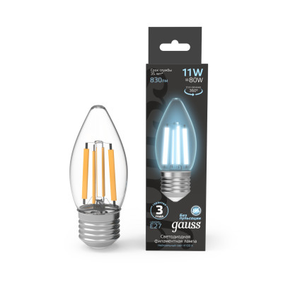 Лампа Gauss Filament Свеча 7W 580lm 4100К Е27 LED 1/10/50, 103802207