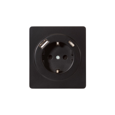 Розетка ROUND 1-ая с/з с/у з/ш 16А с USB A+C быстрой зарядки 5В/3А оникс KRANZ, KR-78-0704-3