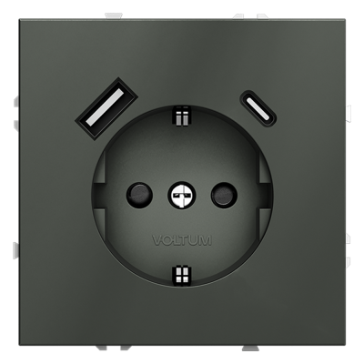 Розетка встраиваемая VOLTUM S70 с заземлением и защитными шторками, 16А, с USB, A+С, (титан), VLS040506