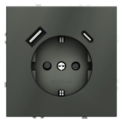 Розетка встраиваемая VOLTUM S70 с заземлением и защитными шторками, 16А, с USB, A+С, (титан), VLS040506
