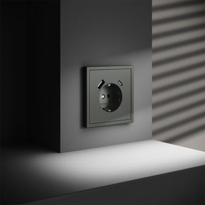 Розетка встраиваемая VOLTUM S70 с заземлением и защитными шторками, 16А, с USB, A+С, (титан), VLS040506