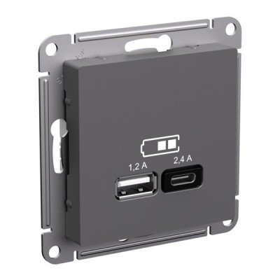 ATN001439 - ATLASDESIGN USB РОЗЕТКА А+С, 5В/2,4А, 2х5В/1,2А, механизм, БАЗАЛЬТ, Systeme Electric