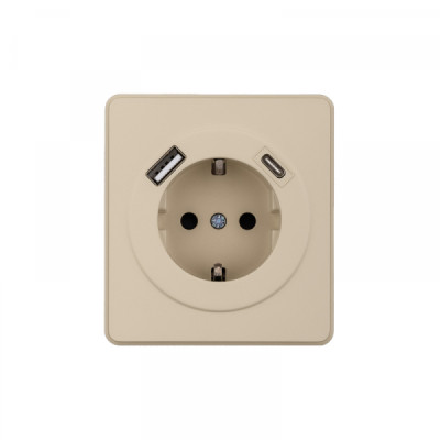 KRANZ ROUND Розетка 1-ая с/з с/у з/ш 16А с USB A+C быстрой зарядки 5В/3А шелк, с 1-пост. рамкой, KR-78-0704-7