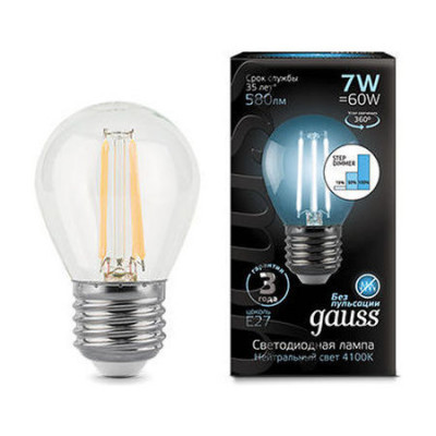 Лампа Gauss Filament Шар 7W 580lm 4100К Е27 шаг. диммирование LED 1/10/50, 105802207-S