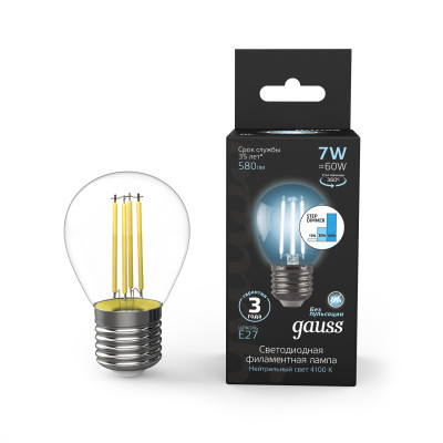 Лампа Gauss Filament Шар 7W 580lm 4100К Е27 шаг. диммирование LED 1/10/50, 105802207-S