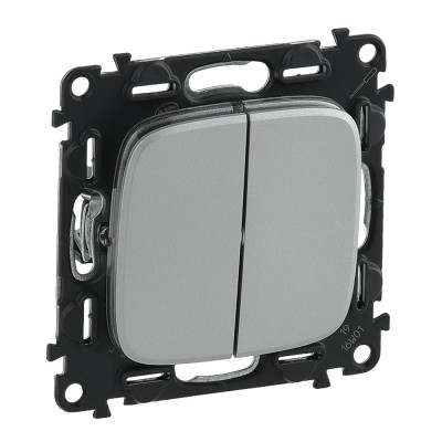 Legrand Valena ALLURE.Выключатель двухклавишный 10А 250В с лицевой панелью.Безвинтовые зажимы.Алюминий, 752905