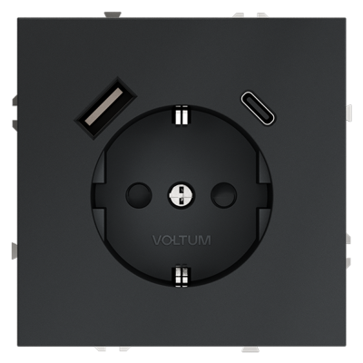 Розетка встраиваемая VOLTUM S70 с заземлением и защитными шторками, 16А, с USB, A+С, (графит), VLS040507
