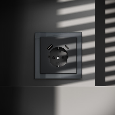 Розетка встраиваемая VOLTUM S70 с заземлением и защитными шторками, 16А, с USB, A+С, (графит), VLS040507