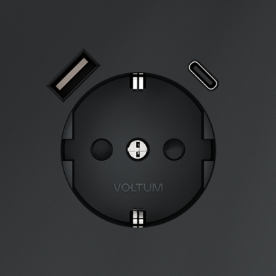Розетка встраиваемая VOLTUM S70 с заземлением и защитными шторками, 16А, с USB, A+С, (графит), VLS040507