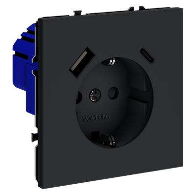 Розетка встраиваемая VOLTUM S70 с заземлением и защитными шторками, 16А, с USB, A+С, (графит), VLS040507