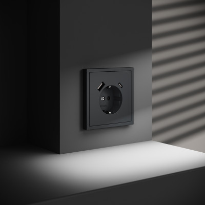 Розетка встраиваемая VOLTUM S70 с заземлением и защитными шторками, 16А, с USB, A+С, (графит), VLS040507