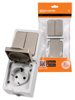 Блок комбинированный (вертикальный) выключатель 2-кл. + розетка 2П+З с з/ш БКВР IP54 "Вуокса" TDM Electric, SQ1803-0013