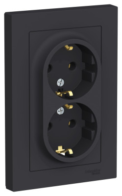 ATN001024 - ATLASDESIGN РОЗЕТКА двойная с заземлением без шторок, 16А, в сборе, КАРБОН, Systeme Electric