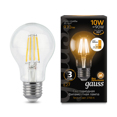 Лампа Gauss Filament А60 10W 930lm 2700К Е27 шаг. диммирование LED 1/10/40, 102802110-S