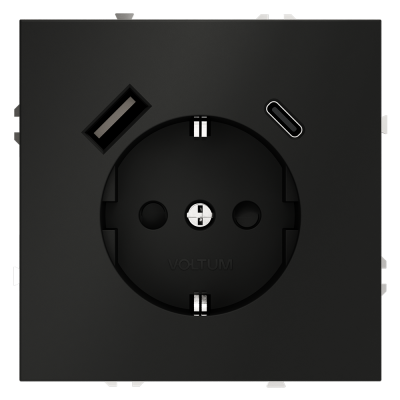 Розетка встраиваемая VOLTUM S70 с заземлением и защитными шторками, 16А, с USB, A+С, (черный матовый, VLS040508