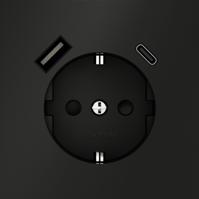 Розетка встраиваемая VOLTUM S70 с заземлением и защитными шторками, 16А, с USB, A+С, (черный матовый, VLS040508