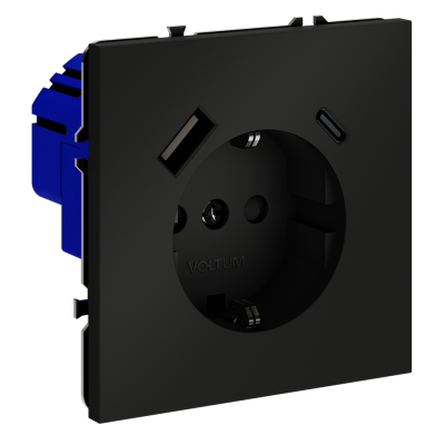 Розетка встраиваемая VOLTUM S70 с заземлением и защитными шторками, 16А, с USB, A+С, (черный матовый, VLS040508
