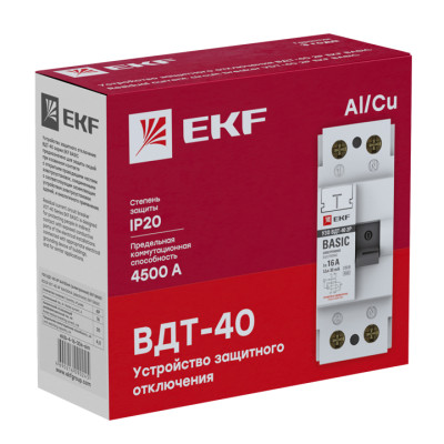 Устройство защитного отключения УЗО ВДТ-40 2P 16А/ 10мА (электронное) EKF Basic