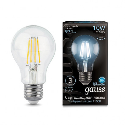 Лампа Gauss Filament А60 10W 970lm 4100К Е27 LED 1/10/40, 102802210