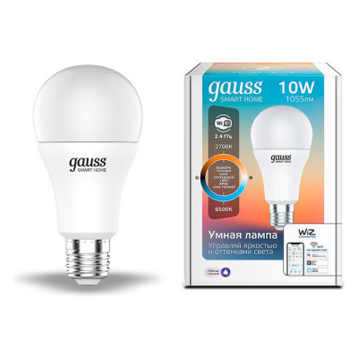 Лампа Gauss Smart Home A60 10W 1055lm 2700-6500К E27 изм.цвет.темп.+диммирование LED 1/10/40, 1080112