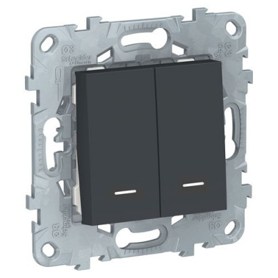 Unica New Выключатель 2-клав., 2 модуля, с подсветкой, 2 х сх. 1а, антрацит