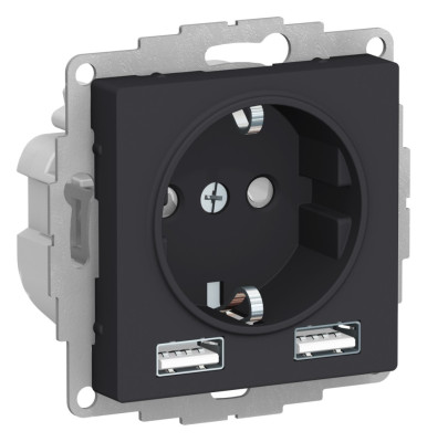 ATN001030 - ATLASDESIGN РОЗЕТКА 16А c 2 USB A+A, 5В/2,4А, 2х5В/1,2А, механизм, КАРБОН, Systeme Electric