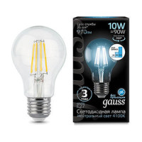 Лампа Gauss Filament А60 10W 970lm 4100К Е27 шаг. диммирование LED 1/10/40, 102802210-S