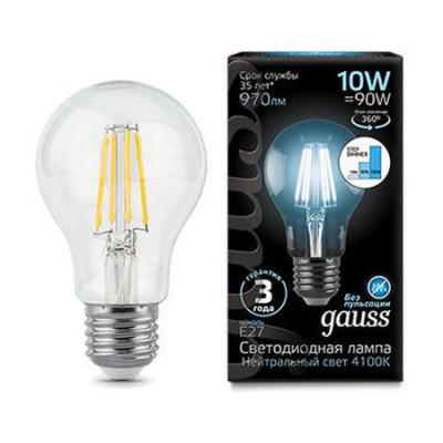 Лампа Gauss Filament А60 10W 970lm 4100К Е27 шаг. диммирование LED 1/10/40, 102802210-S