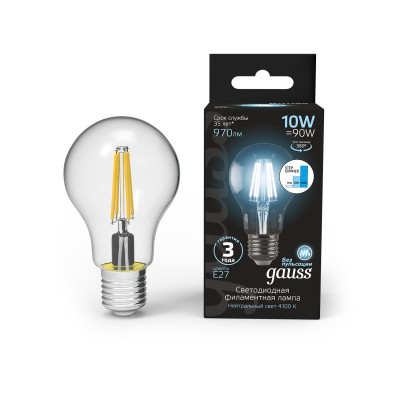 Лампа Gauss Filament А60 10W 970lm 4100К Е27 шаг. диммирование LED 1/10/40, 102802210-S