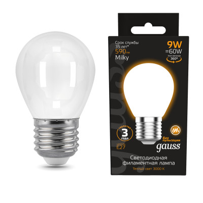 Лампа Gauss Filament Шар 9W 590lm 3000К Е27 milky LED 1/10/50, 105202109