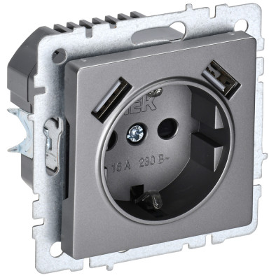 BRITE Роз. с з/к/ш 16А с USB A+A 3,1А РЮш10-2-БрС сталь IEK, BR-R14-16-U21-D31-K46