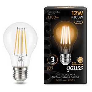 Лампа Gauss Filament А60 12W 1200lm 2700К Е27 LED 1/10/40, 102902112