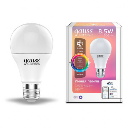 Лампа Gauss Smart Home A60 8,5W 806lm 2700-6500К E27 RGBW+изм.цвет.темп.+диммирование LED 1/10/40, 1170112