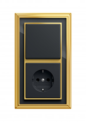 ABB Блок: Выключатель 1-клавишный с розеткой 2к+з, цвет антрацит - Латунь полированная, черное стекло, серия Династия