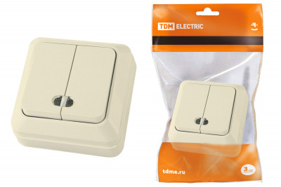 Выключатель 2-кл. открытой установки с подсветкой IP20 10А, сл. кость "Ладога" TDM Electric, SQ1801-0008